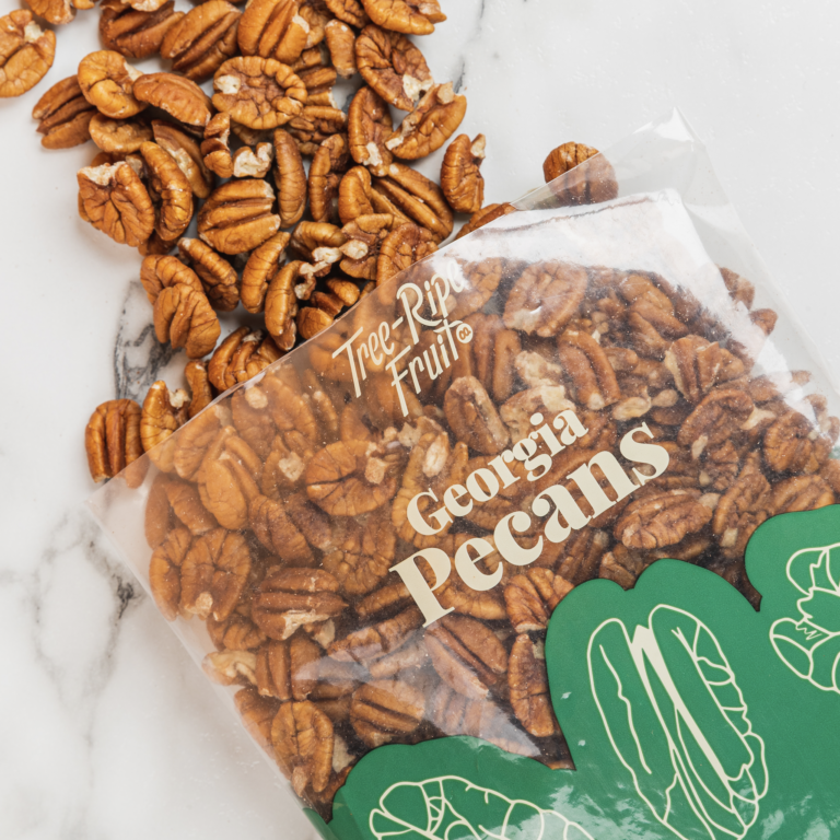 Georgia pecans spilling out of a Tree Ripe product bag
