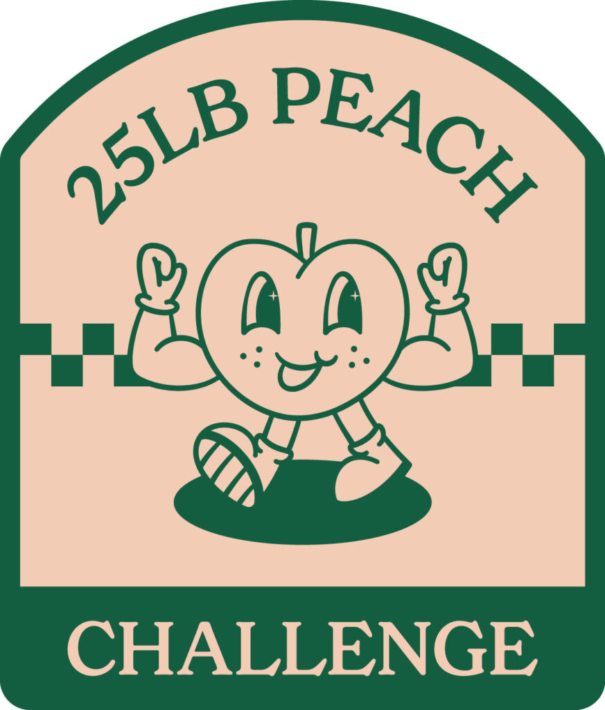 25lb Peach challenge logo, a peach with strong arms