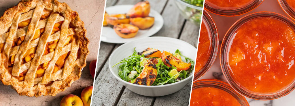 Peach pie, peach salad, and peach jam image collage